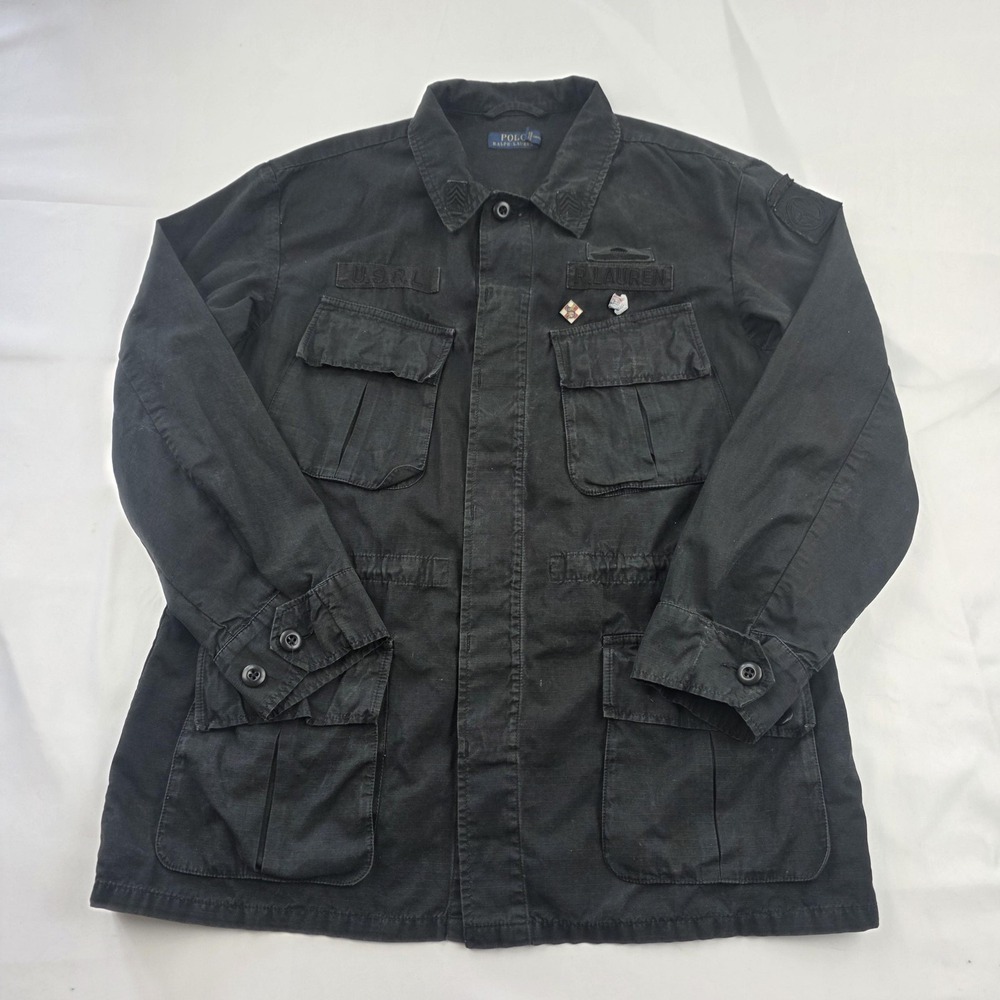 Polo Ralph Lauren Shirt Mens Medium Black USRL Military Field Utility Button Up